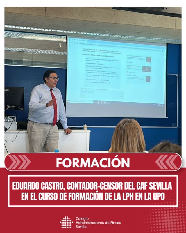 🎓 Eduardo Castro Losada, Contador-Censor del Colegio de Administradores de Fincas de Sevilla, ha impartido una sesión formativa dentro del curso sobre la Ley de Propiedad Horizontal en la Universidad Pablo de Olavide.

📚 Una intervención centrada en la informática aplicada a la gestión de comunidades y edificios.

🤝 El Colegio sigue reforzando así su compromiso con la formación que acerca la realidad profesional a los alumnos, en colaboración con el ámbito universitario.