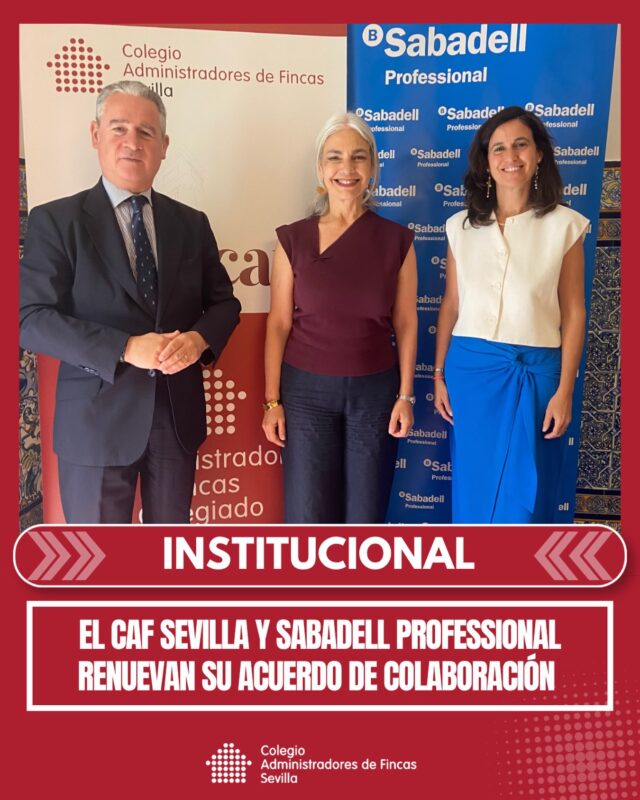 🤝 El Colegio de Administradores de Fincas de Sevilla y @bancosabadell han renovado su convenio de colaboración, reforzando una relación institucional que ambas entidades mantienen desde hace años.

✍️ El acuerdo ha sido suscrito por nuestra presidenta, María Dolores García Bernal, junto a la directora de Sabadell Professional, Pilar García Montero, y el director regional, Agustín Rodríguez Ruiz. Banco Sabadell ofrece en esta renovación una propuesta de valor para los Aministradores de Fincas y para las Comunidades, destacando las dos posibilidades de Financiación para la rehabilitación de viviendas.

💼 Con este convenio, ambas entidades ratifican su compromiso de seguir trabajando conjuntamente y fortaleciendo una relación basada en la confianza, la colaboración y el apoyo a la profesión.