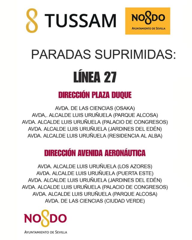 🚌 Con motivo de la celebración de la Cumbre de la ONU en Sevilla, varias paradas de TUSSAM se verán afectadas en la zona de Sevilla Este, y se están produciendo ajustes en recorridos y servicios.
Desde el Colegio de Administradores de Fincas de Sevilla estamos trasladando esta información a nuestros colegiados en coordinación directa con el Ayuntamiento de Sevilla, para que puedan informar a las comunidades que gestionan.
ℹ️ Si vives en Sevilla Este y tienes dudas sobre las líneas, paradas suprimidas o posibles rutas alternativas, contacta con tu administrador/a de fincas colegiado/a. Ellos canalizarán las consultas al Ayuntamiento y podrán orientarte.