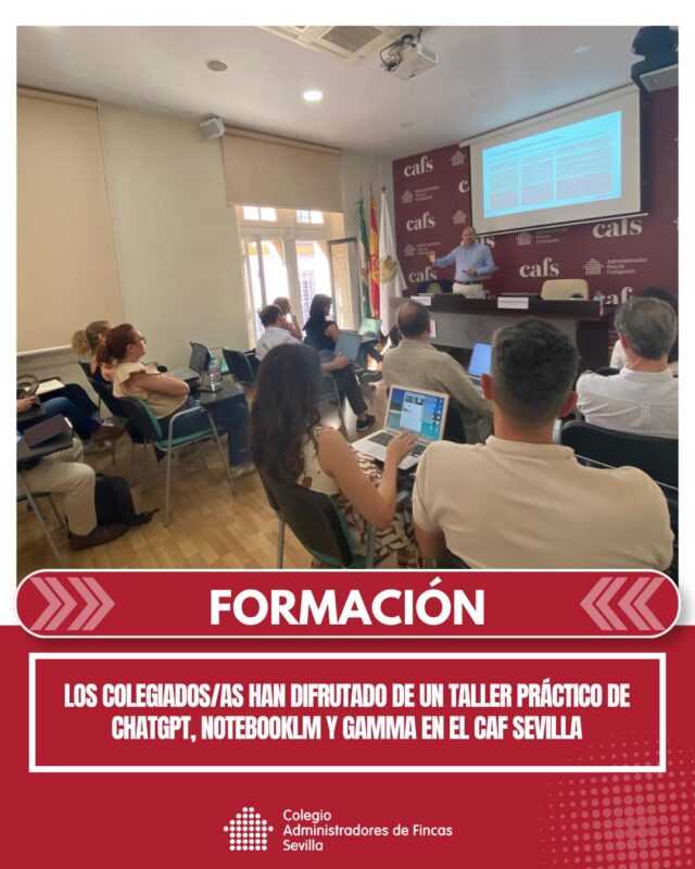 📚 El Colegio de Administradores de Fincas de Sevilla ha celebrado un Taller Práctico de ChatGPT, NotebookLM y Gamma para Administradores de Fincas, impartida por Pablo E. Ruíz Tamayo, Colegiado.

💻 Una sesión práctica en la que los Colegiado/as pudieron conocer cómo aplicar herramientas de inteligencia artificial al día a día profesional, mejorando la eficiencia y optimizando su trabajo.

🤝 Gracias a todos los asistentes que participaron, en esta nueva apuesta del Colegio por la innovación y la formación continua del Colegiado.