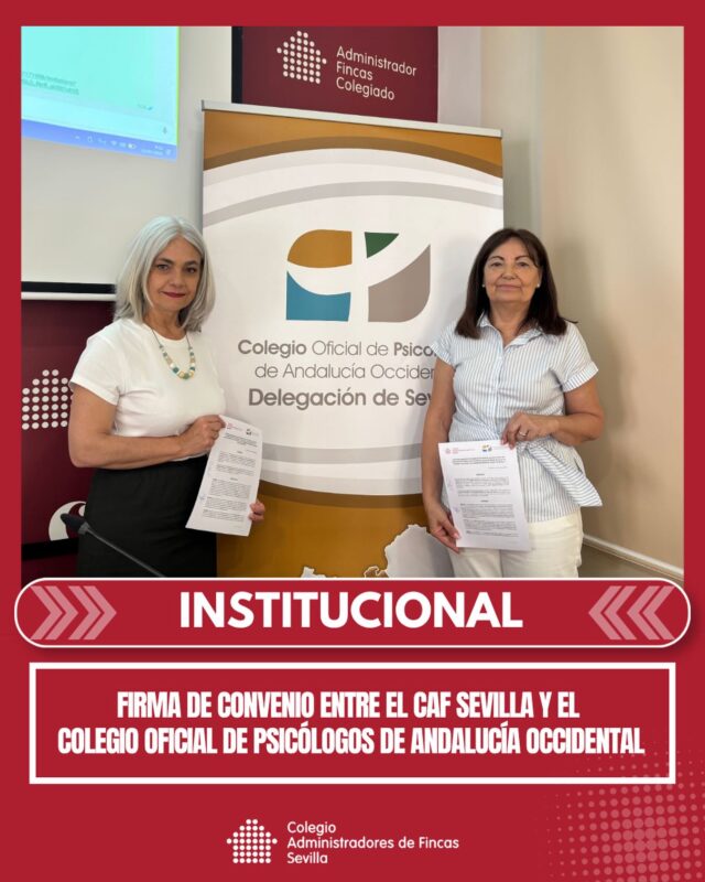 🤝 Hoy hemos firmado un convenio de colaboración entre el Colegio de Administradores de Fincas de Sevilla y el @colegio.psico.andalucia.occ.
🏢 Este acuerdo fortalece las alianzas entre colegios profesionales y refuerza la colaboración entre dos profesiones cada vez más conectadas y necesarias en el día a día de las comunidades y en el ejercicio profesional.

💼 Seguimos trabajando para ofrecer nuevas herramientas, apoyo y recursos que aporten valor a nuestros colegiados y favorezcan un mejor desarrollo de la profesión de Administrador de Fincas.