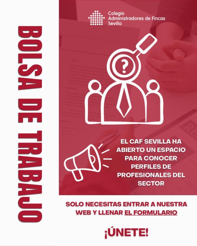 🚀 Tu próxima oportunidad profesional puede empezar aquí.

💼 Desde el Colegio de Administradores de Fincas de Sevilla hemos habilitado un espacio para conectar perfiles profesionales con nuevas oportunidades para trabajar en despachos de profesionales de la Administración de Fincas.

📌 Accede a nuestra página web que se encuentra en la biografía, completa el formulario y forma parte de nuestra Bolsa de Trabajo.