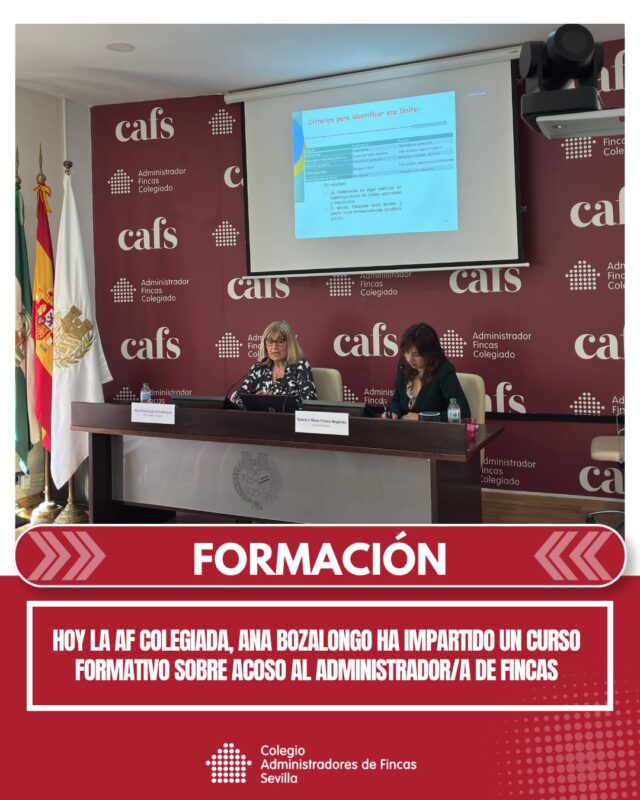 📚 El Colegio de Administradores de Fincas de Sevilla ha celebrado hoy la jornada formativa “Acoso al Administrador/a. Blocking”, dirigida por Ana Bozalongo Antoñanzas, Administradora de Fincas Colegiada y abogada, centrada en cómo afrontar y gestionar situaciones de presión y acoso en el ejercicio laboral.

🤝 La sesión también ha contado con la participación de la Entidad Colaboradora del Colegio, Cdos Consultores, que ha impartido una ponencia sobre coordinación de actividades empresariales.

💼 Gracias a todos los colegiados y asistentes que nos han acompañado, tanto de forma presencial como online, en una apuesta por la formación continua y el apoyo al ejercicio profesional.