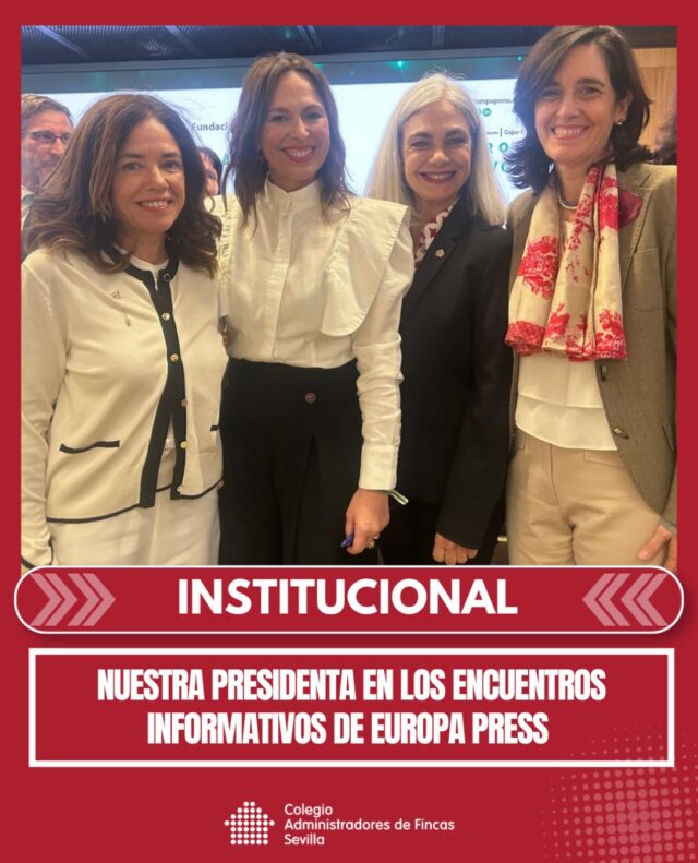 🤝 Nuestra Presidenta, María Dolores García Bernal, ha asistido a los Encuentros Informativos de @epandalucia, celebrados en la @fundacioncajasol y protagonizado en esta ocasión por Rocío Díaz Jiménez, consejera de @vivienda_and, con quien se han abordado cuestiones de actualidad relacionadas con la vivienda.

🏛️ Durante la jornada, también ha compartido este encuentro con Helena Ruiz, su homóloga del @coatsevilla, y con Susana Cayuelas, diputada del Partido Popular.